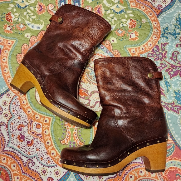 UGG Lynnea Leather Shearling Wood Clog Boots | Size 6 - Picture 3 of 16